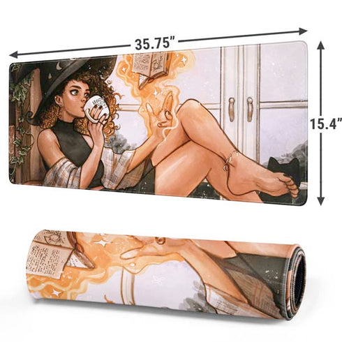 Cozy Autumn Library Witch with Cat and Coffee by Ivy Dolamore Gaming Mouse Pad